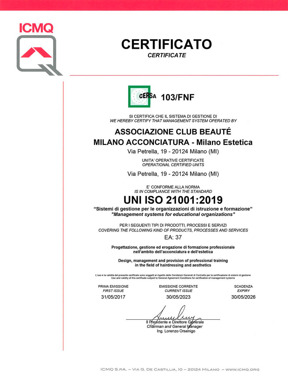 Certificato ISO 21001:2019 di Club Beauté