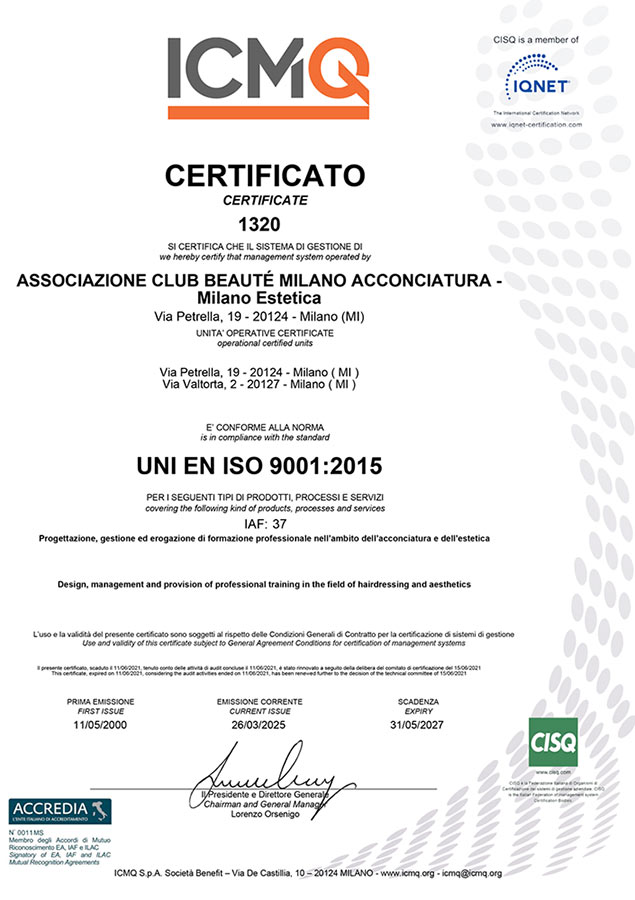Certificato ISO 21001:2019 di Club Beauté