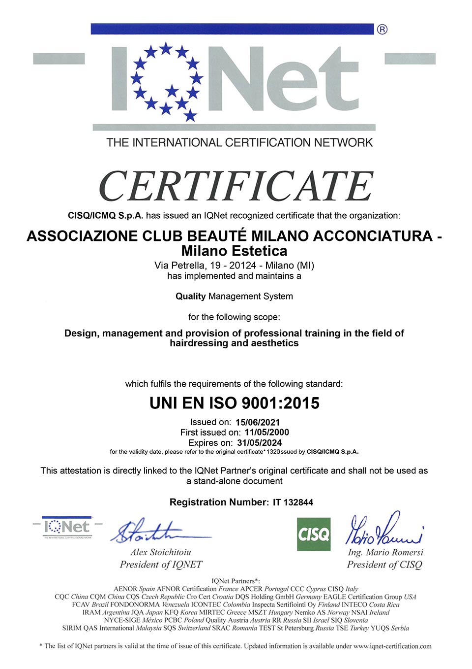 Certificato IQNet ISO 9001:2015 di Club Beauté