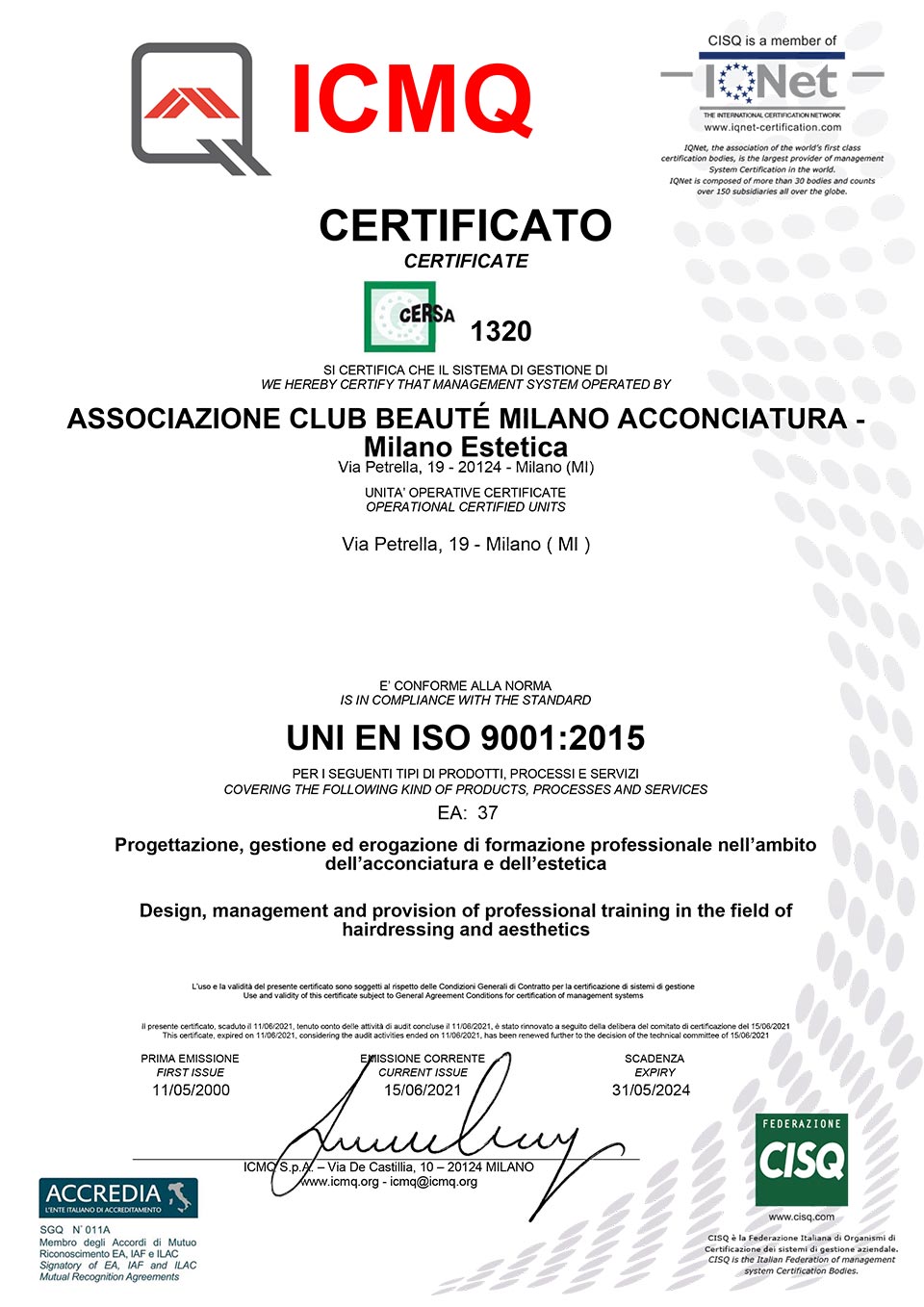 Certificato di Qualità UNI EN ISO 9001:2015 di Club Beauté