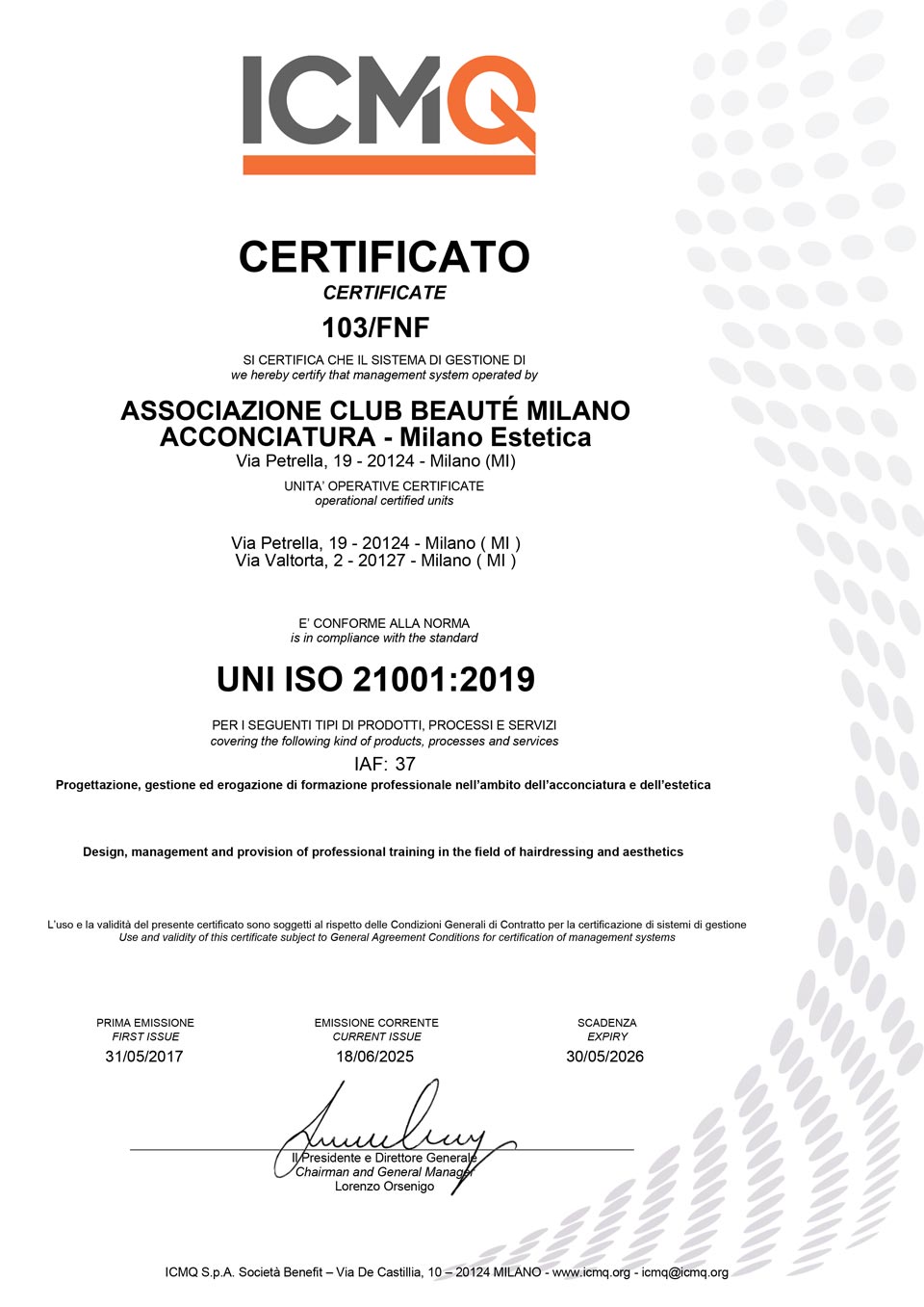 Certificato di Qualità UNI EN ISO 9001:2015 di Club Beauté