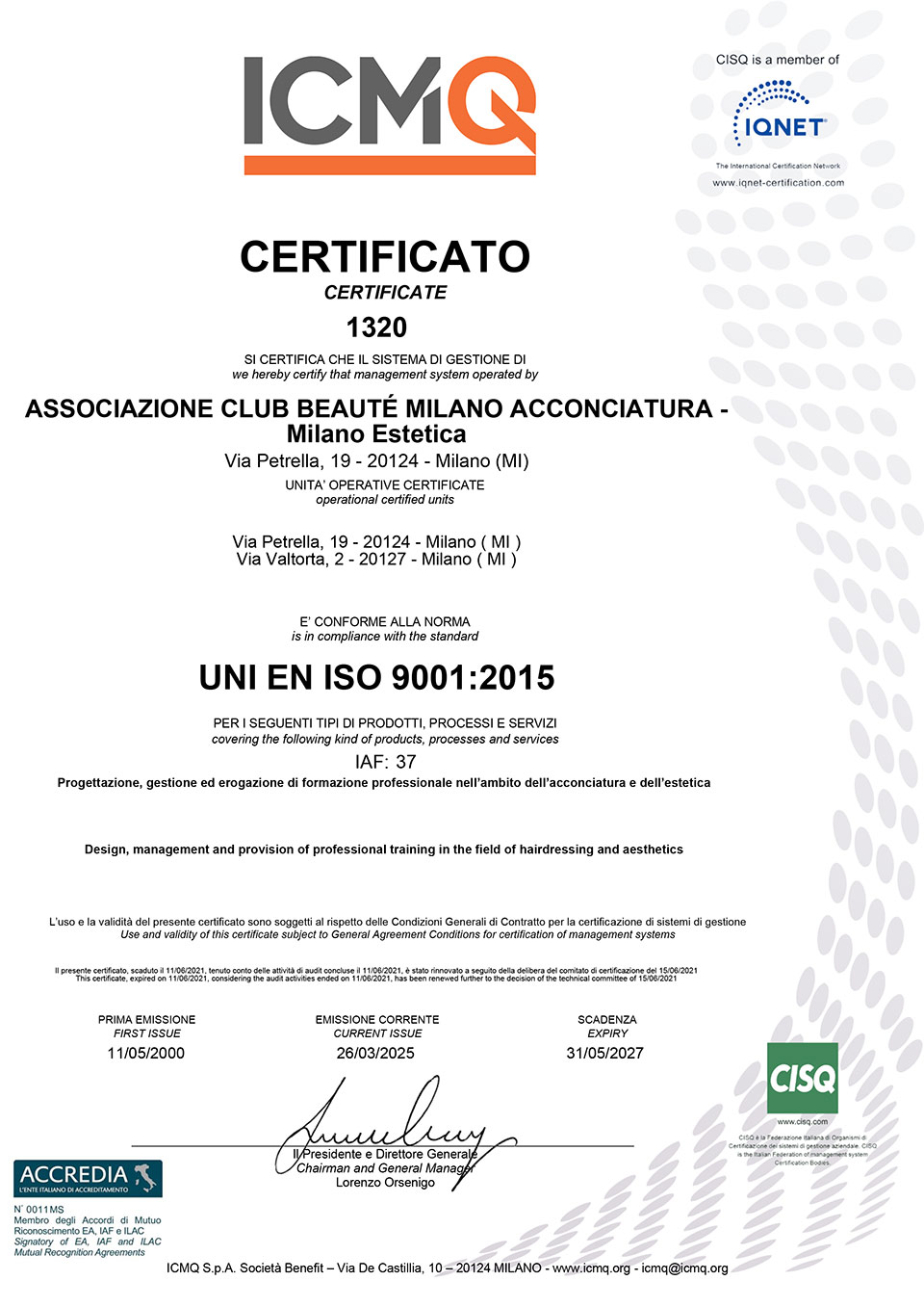 Certificato di Qualità UNI EN ISO 9001:2015 di Club Beauté