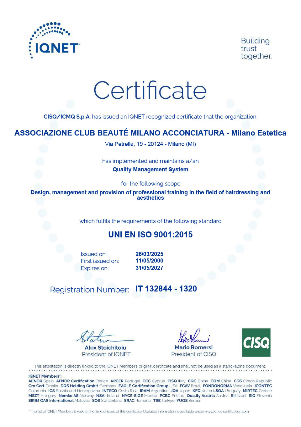 Certificato IQNet ISO 9001:2015 di Club Beauté
