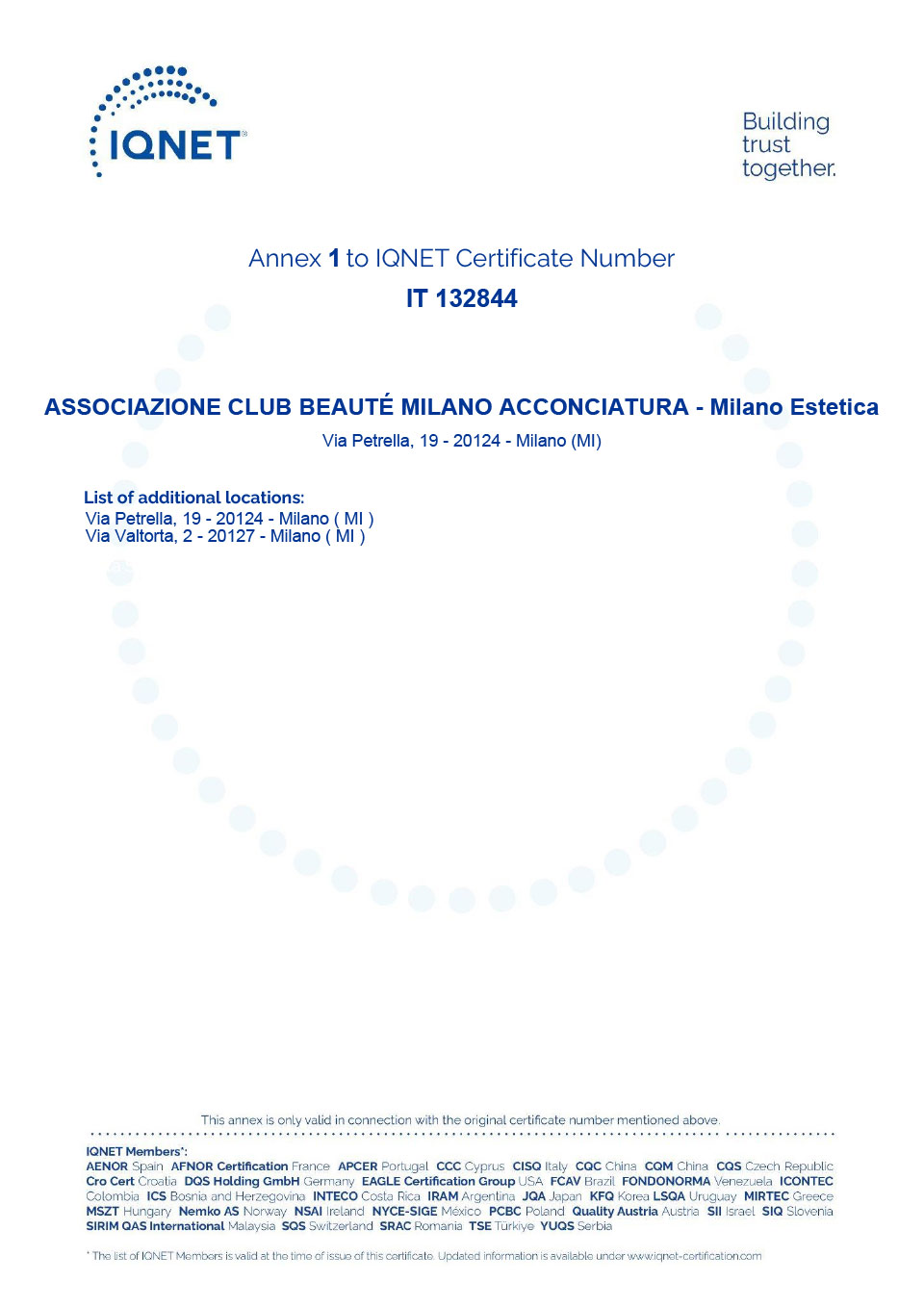 Certificato IQNet ISO 9001:2015 di Club Beauté